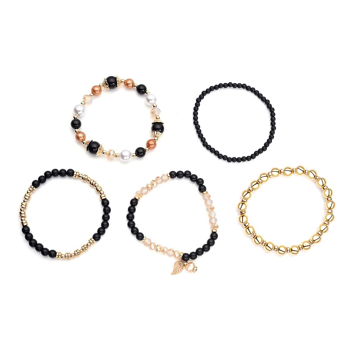Strada Black Crystal Japanese Movement Watch with Black Faux Leather Strap (40mm) (5.25-7In) and Set of 5 Black with Multi Beaded Stretch Bracelet image number 6