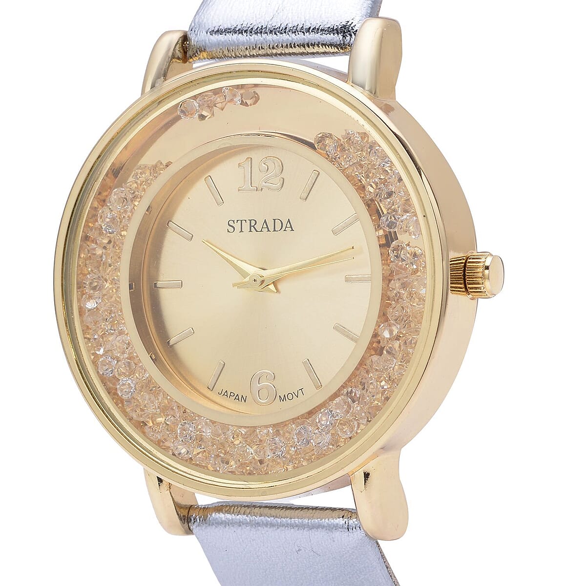 Strada Champagne Crystal Japanese Movement Watch with Silver Faux Leather Strap (40mm) (5.25-7In) and Set of 5 White with Multi Beaded Stretch Bracelet image number 3