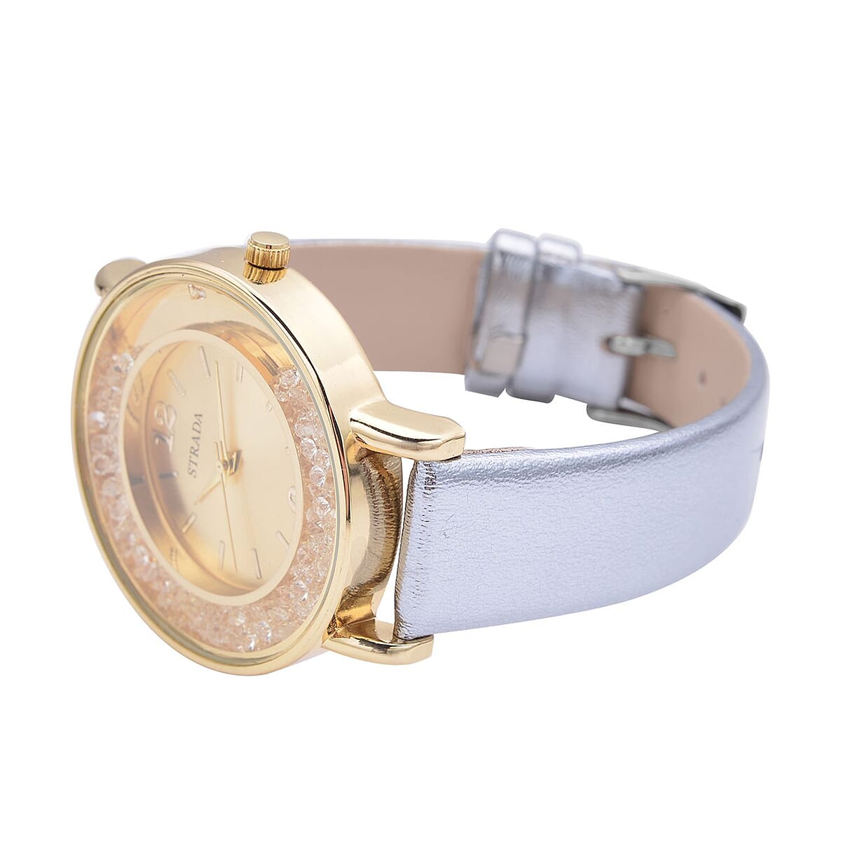 Strada Champagne Crystal Japanese Movement Watch with Silver Faux Leather Strap (40mm) (5.25-7In) and Set of 5 White with Multi Beaded Stretch Bracelet image number 4