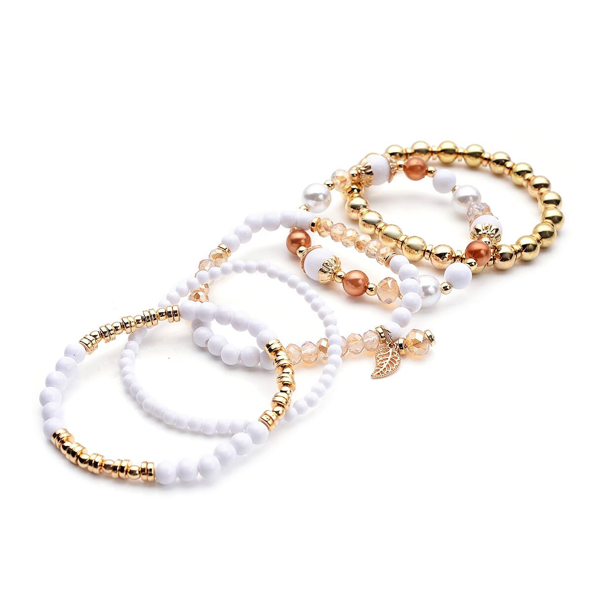 Strada Champagne Crystal Japanese Movement Watch with Silver Faux Leather Strap (40mm) (5.25-7In) and Set of 5 White with Multi Beaded Stretch Bracelet image number 5