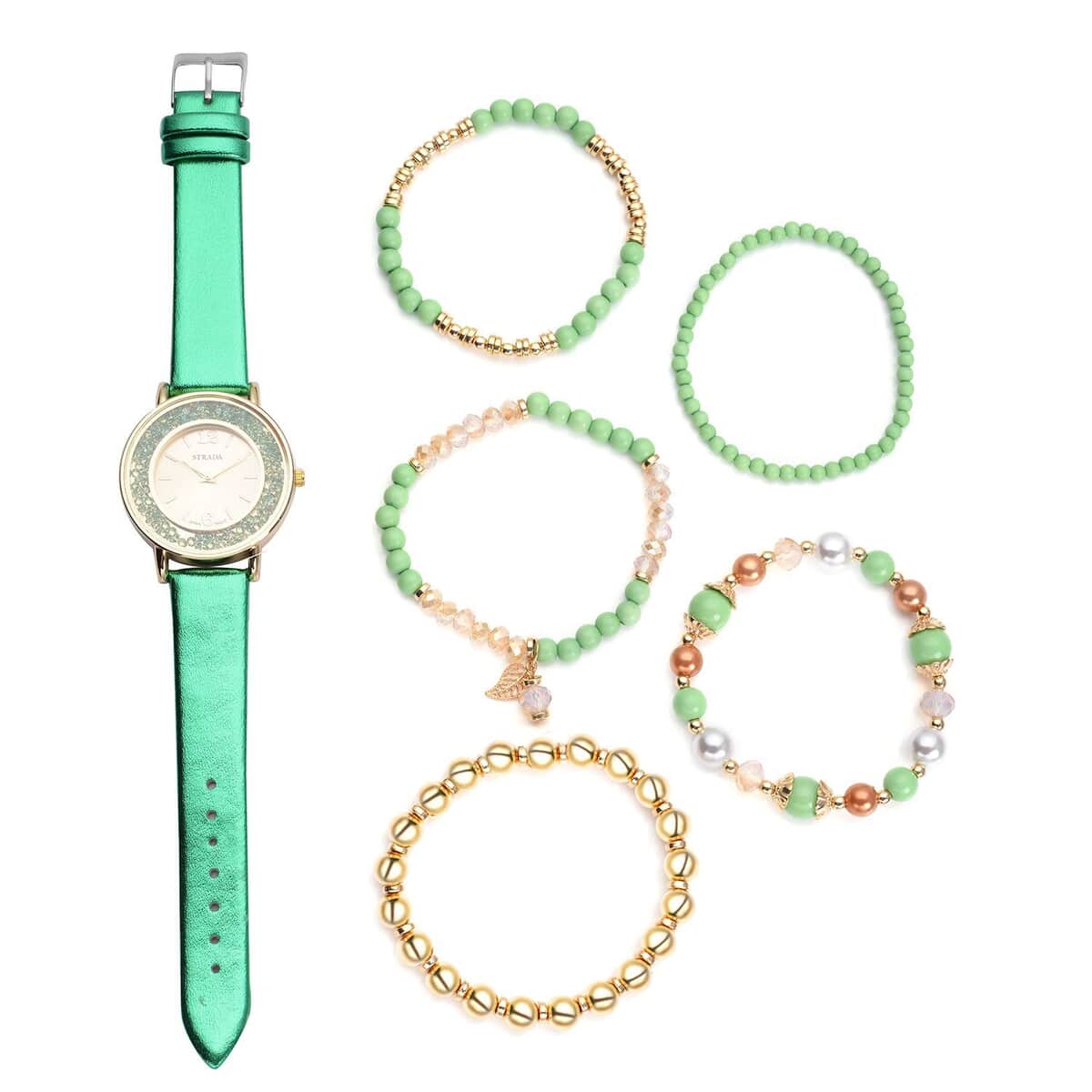 Strada Green Crystal Japanese Movement Watch with Green Faux Leather Strap (40mm) (5.25-7In) and Set of 5 Green with Multi Beaded Stretch Bracelet image number 0