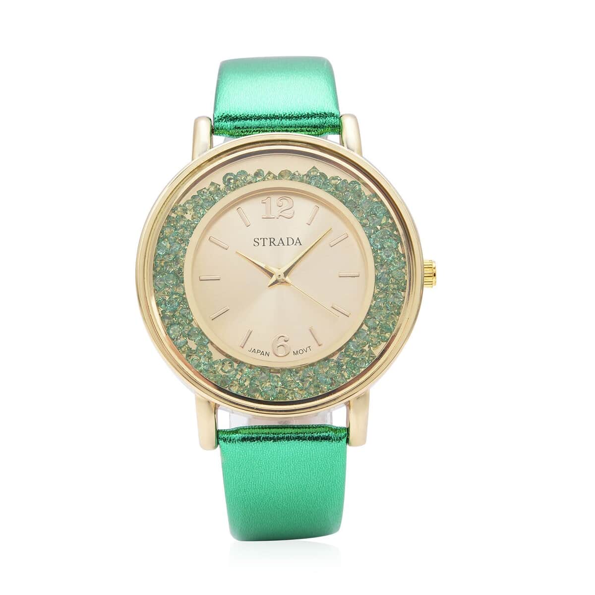 Strada Green Crystal Japanese Movement Watch with Green Faux Leather Strap (40mm) (5.25-7In) and Set of 5 Green with Multi Beaded Stretch Bracelet image number 2