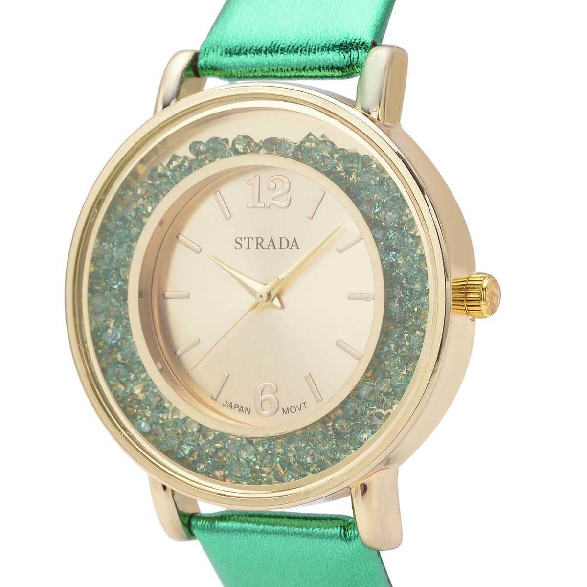 Strada Green Crystal Japanese Movement Watch with Green Faux Leather Strap (40mm) (5.25-7In) and Set of 5 Green with Multi Beaded Stretch Bracelet image number 3