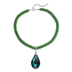 Simulated Emerald Pendant with Beaded Necklace 18-20 Inches in Silvertone