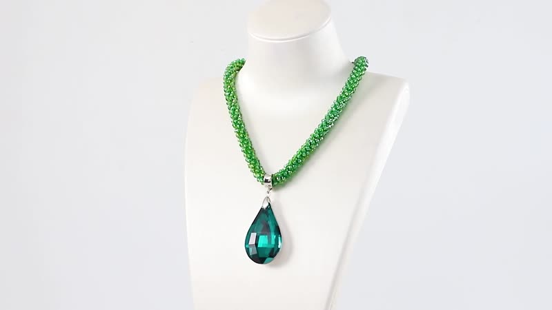 Simulated Emerald Pendant with Beaded Necklace 18-20 Inches in Silvertone