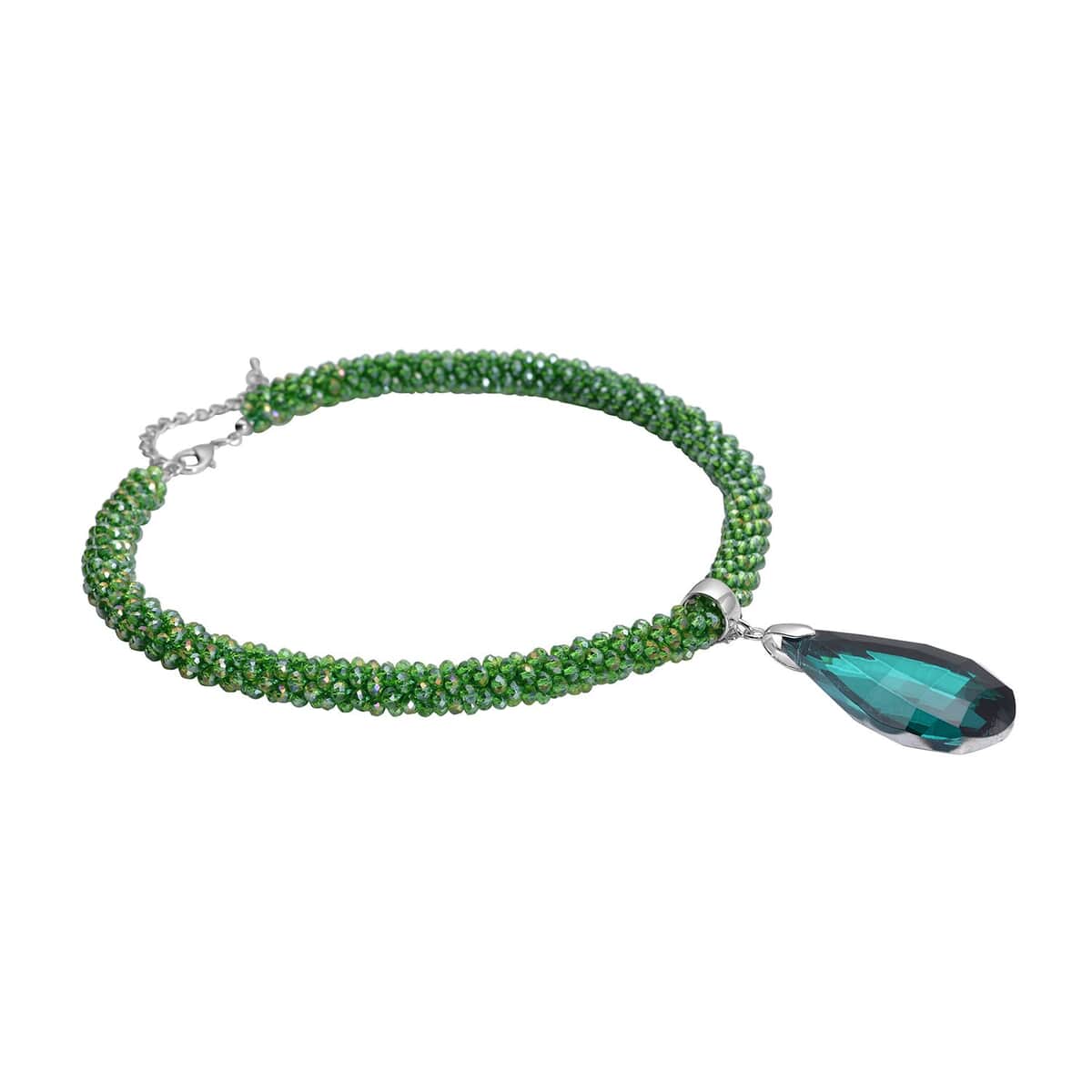 Simulated Emerald Pendant with Beaded Necklace 18-20 Inches in Silvertone image number 2