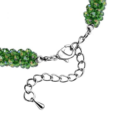 Simulated Emerald Pendant with Beaded Necklace 18-20 Inches in Silvertone