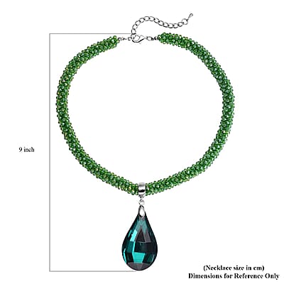 Simulated Emerald Pendant with Beaded Necklace 18-20 Inches in Silvertone
