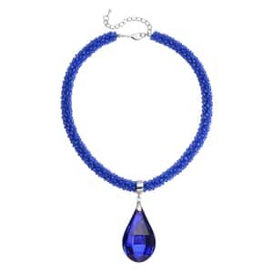 Simulated Blue Sapphire Pendant with Beaded Necklace 18-20 Inches in Silvertone