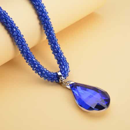 Simulated Blue Sapphire Pendant with Beaded Necklace 18-20 Inches in Silvertone image number 1