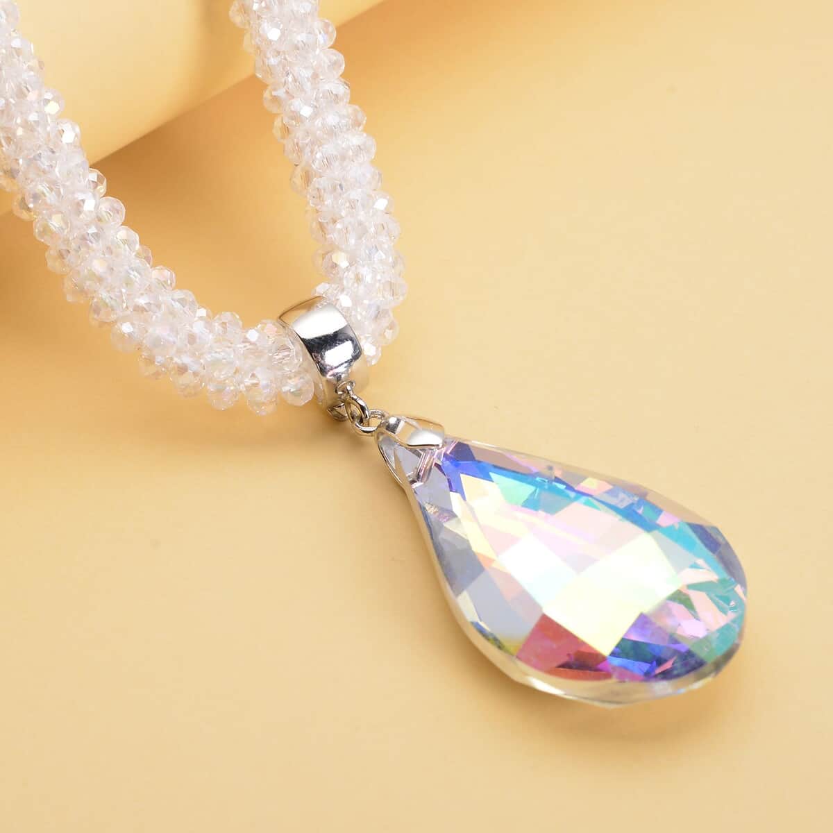 Simulated White Mystic Quartz Pendant with Beaded Necklace 18-20 Inches in Silvertone image number 1