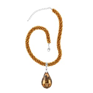 Simulated Champagne Quartz Pendant with Beaded Necklace 18-20 Inches in Silvertone