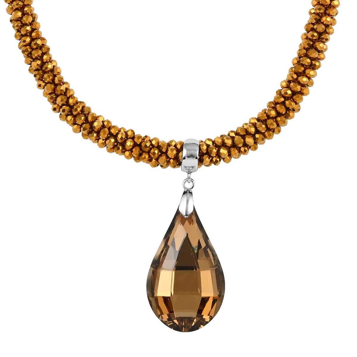 Simulated Champagne Quartz Pendant with Beaded Necklace 18-20 Inches in Silvertone image number 2