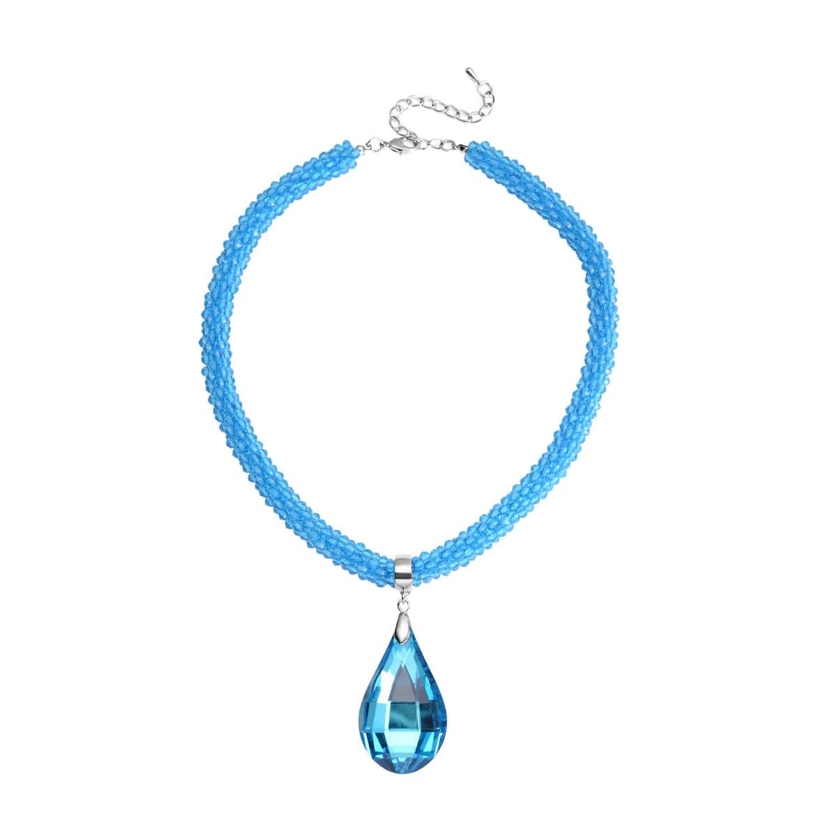 Simulated Blue Topaz Pendant with Beaded Necklace 18-20 Inches in Silvertone image number 0