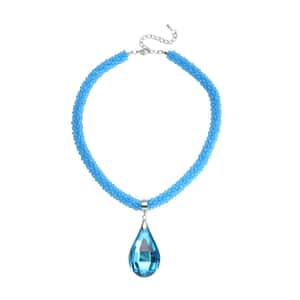 Simulated Blue Topaz Pendant with Beaded Necklace 18-20 Inches in Silvertone