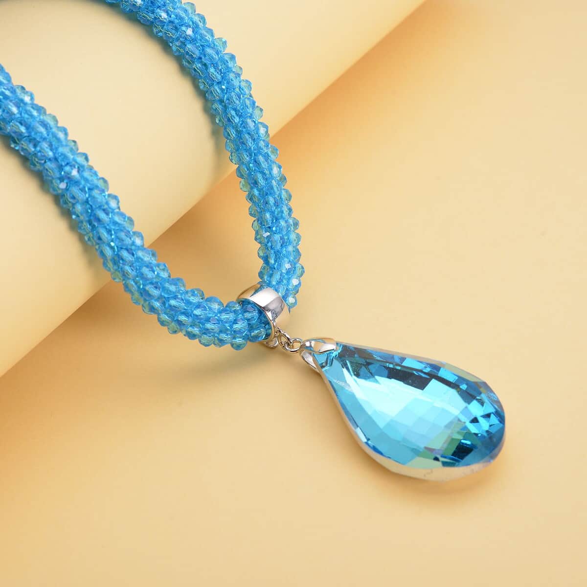 Simulated Blue Topaz Pendant with Beaded Necklace 18-20 Inches in Silvertone image number 1