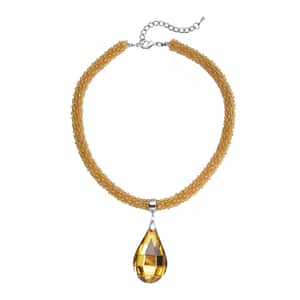 Simulated Citrine Pendant with Beaded Necklace 18-20 Inches in Silvertone