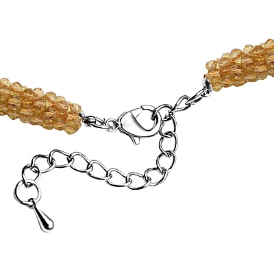 Simulated Citrine Pendant with Beaded Necklace 18-20 Inches in Silvertone