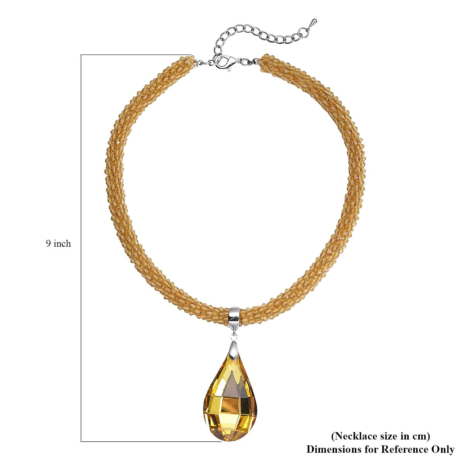 Simulated Citrine Pendant with Beaded Necklace 18-20 Inches in Silvertone