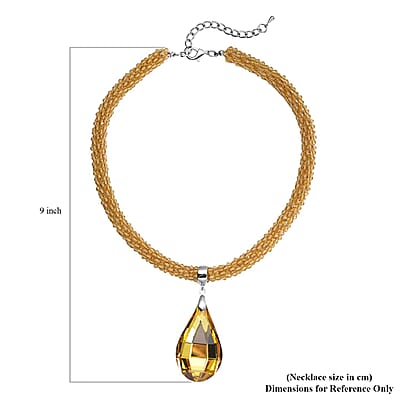Simulated Citrine Pendant with Beaded Necklace 18-20 Inches in Silvertone