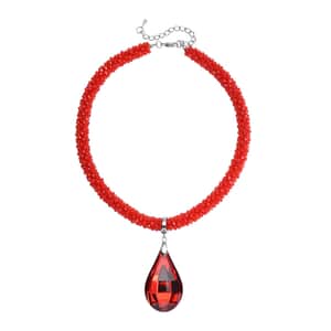 Simulated Ruby Pendant with Beaded Necklace 18-20 Inches in Silvertone