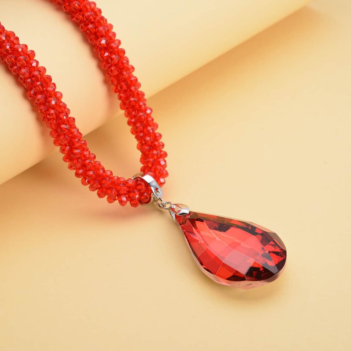 Simulated Ruby Pendant with Beaded Necklace 18-20 Inches in Silvertone image number 1