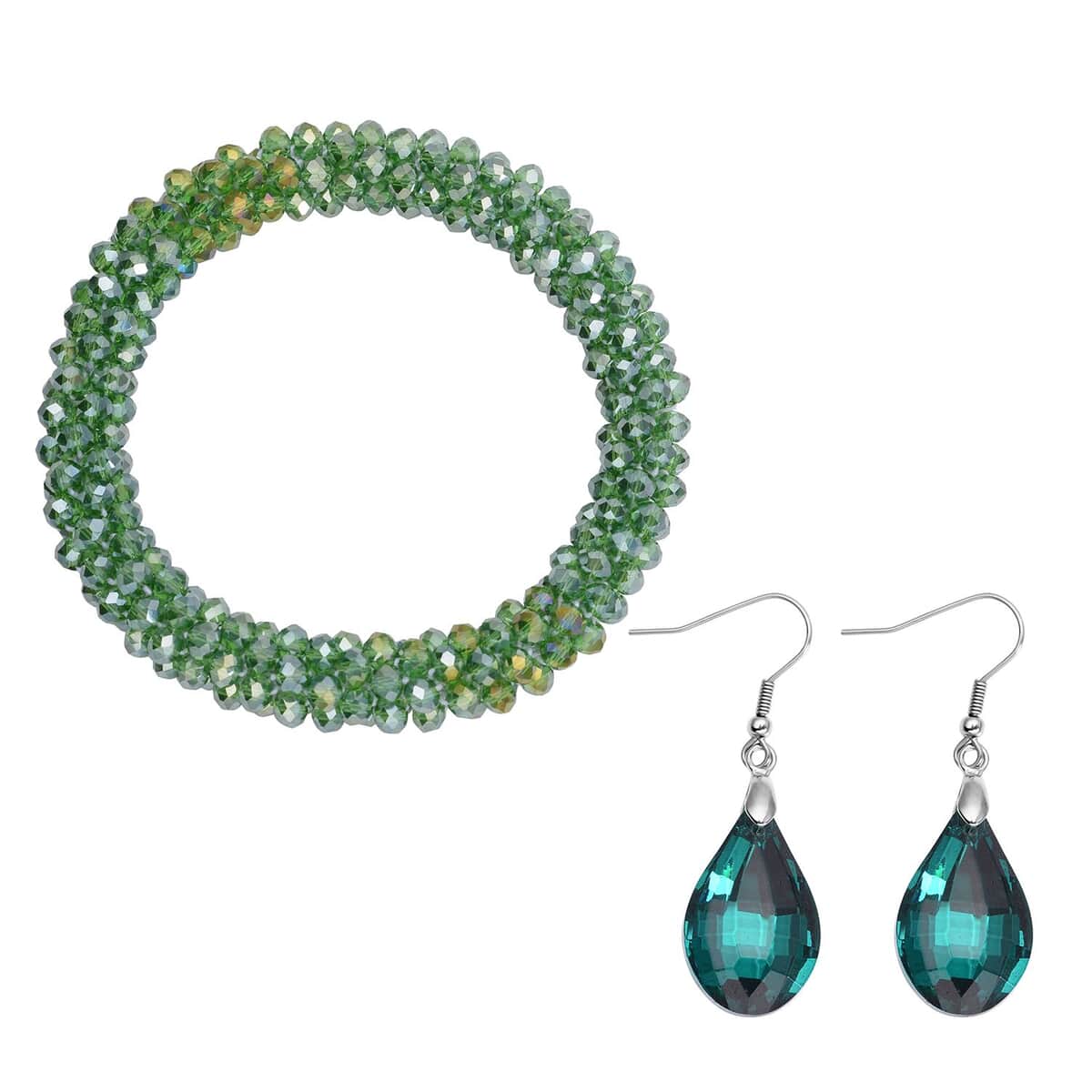 Simulated Emerald Beaded Stretch Bracelet and Drop Earrings in Silvertone image number 0