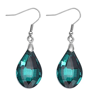 Simulated Emerald Beaded Stretch Bracelet and Drop Earrings in Silvertone