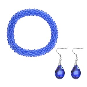 Simulated Blue Sapphire Beaded Stretch Bracelet and Drop Earrings in Silvertone