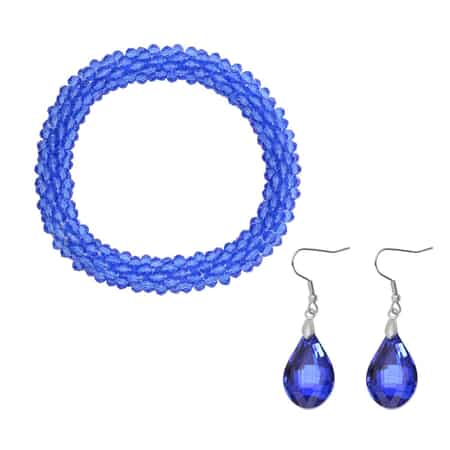 Simulated Blue Sapphire Beaded Stretch Bracelet and Drop Earrings in Silvertone image number 0