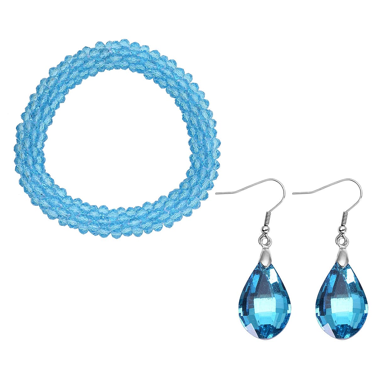 Simulated Blue Topaz Beaded Stretch Bracelet and Drop Earrings in Silvertone image number 0