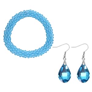 Simulated Blue Topaz Beaded Stretch Bracelet and Drop Earrings in Silvertone