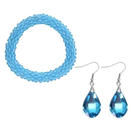 Simulated Blue Topaz Beaded Stretch Bracelet and Drop Earrings in Silvertone image number 0