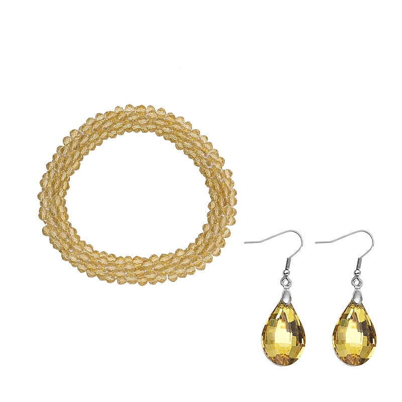 Simulated Citrine Beaded Stretch Bracelet and Drop Earrings in Silvertone