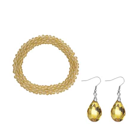 Simulated Citrine Beaded Stretch Bracelet and Drop Earrings in Silvertone image number 0