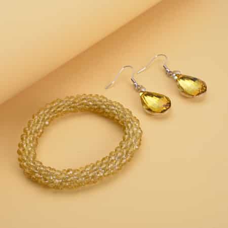 Simulated Citrine Beaded Stretch Bracelet and Drop Earrings in Silvertone image number 1