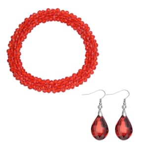 Simulated Ruby Beaded Stretch Bracelet and Drop Earrings in Silvertone