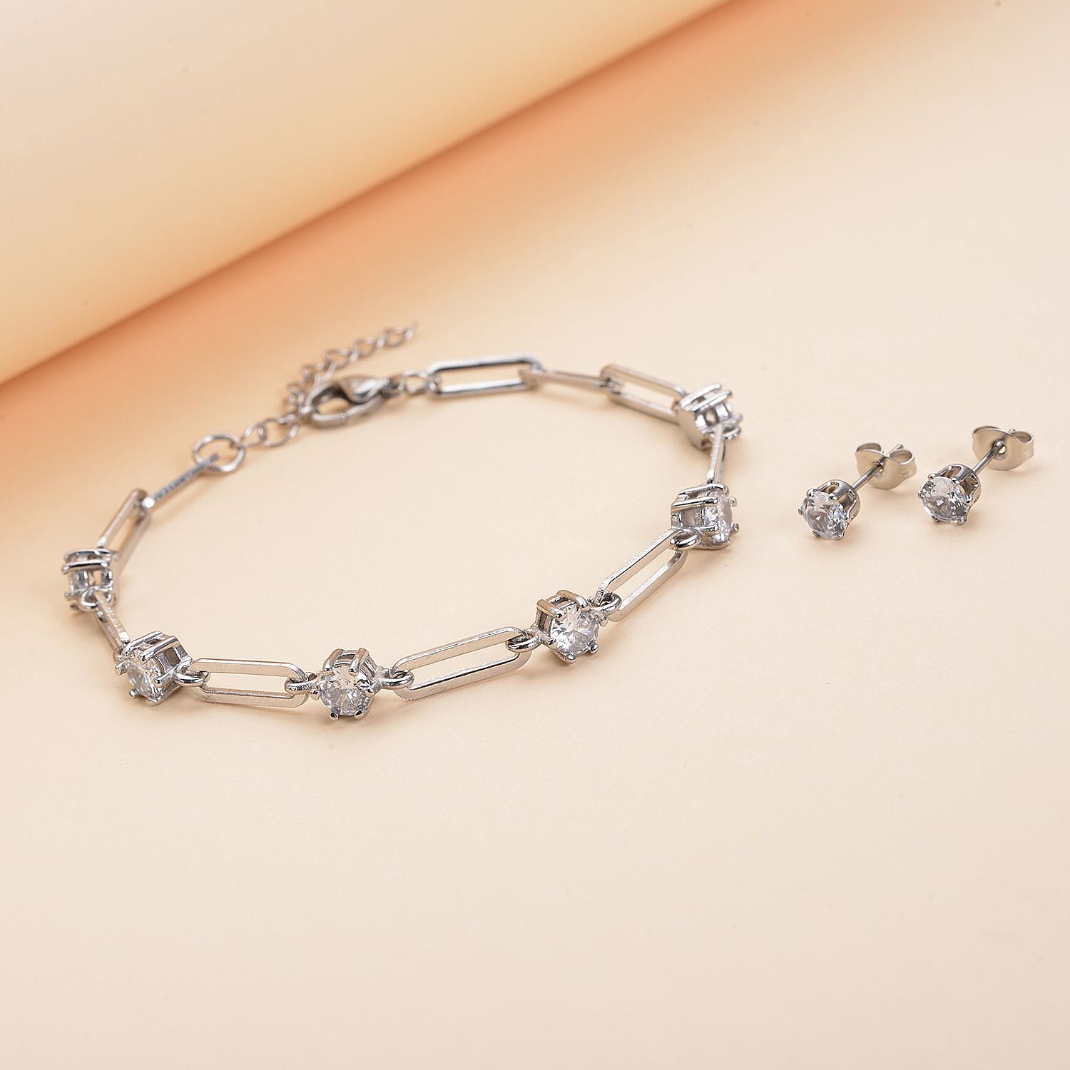 Simulated Diamond Paper Clip Chain Bracelet (7.5-9.0In) and Solitaire Stud Earrings in Stainless Steel 6.70 ctw