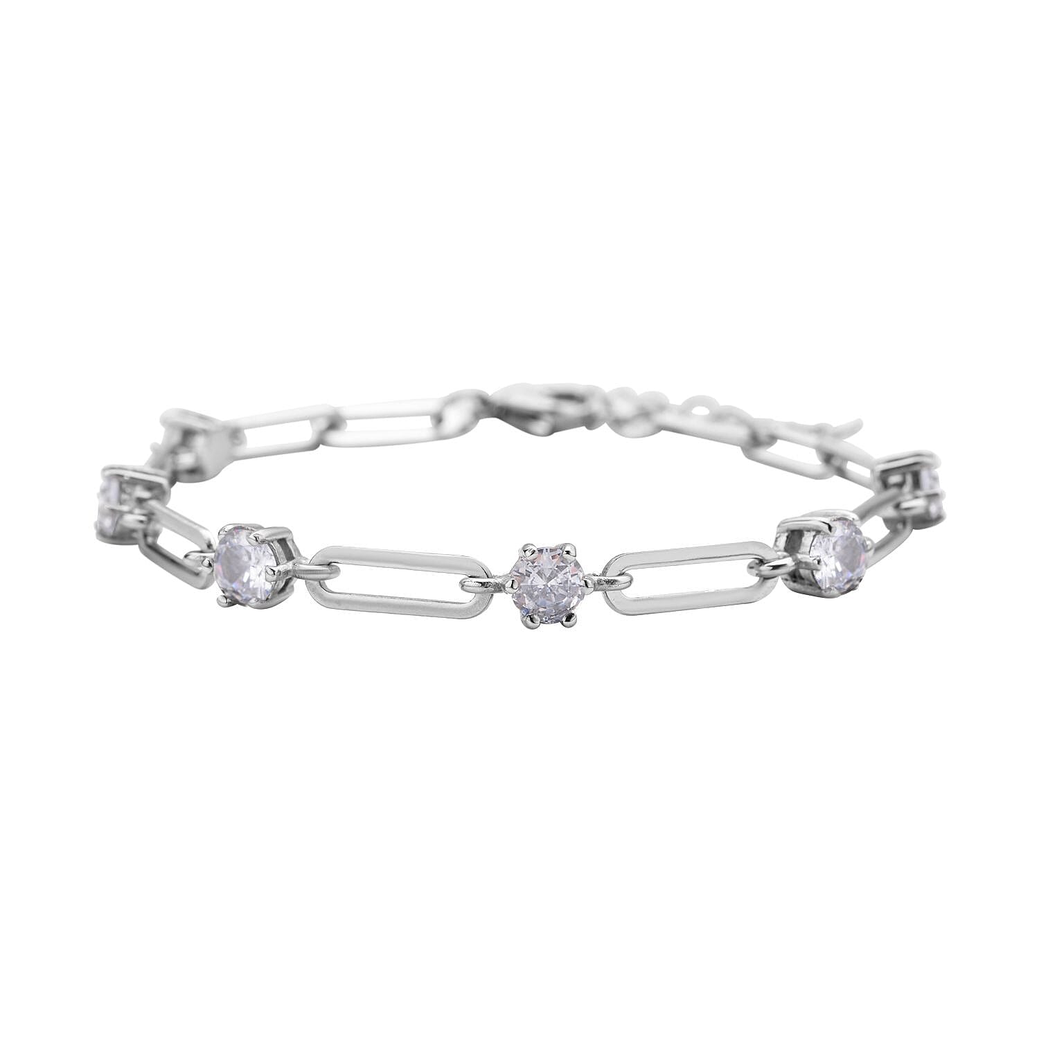Simulated Diamond Paper Clip Chain Bracelet (7.5-9.0In) and Solitaire Stud Earrings in Stainless Steel 6.70 ctw