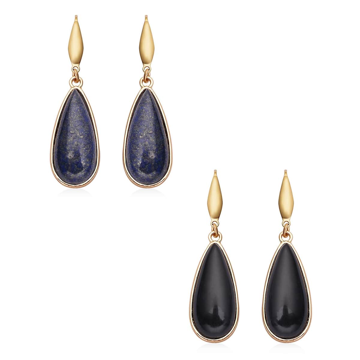 Lapis Lazuli and Enhanced Black Agate Teardrop Shape Set of 2 Earrings in Goldtone 50.00 ctw image number 0