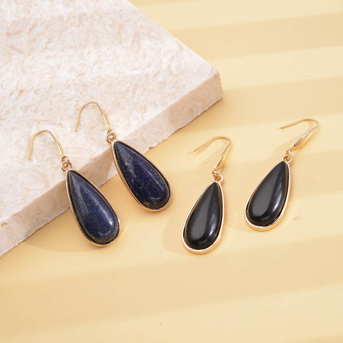 Lapis Lazuli and Enhanced Black Agate Teardrop Shape Set of 2 Earrings in Goldtone 50.00 ctw image number 1