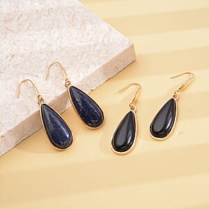 Lapis Lazuli and Enhanced Black Agate Teardrop Shape Set of 2 Earrings in Goldtone 50.00 ctw