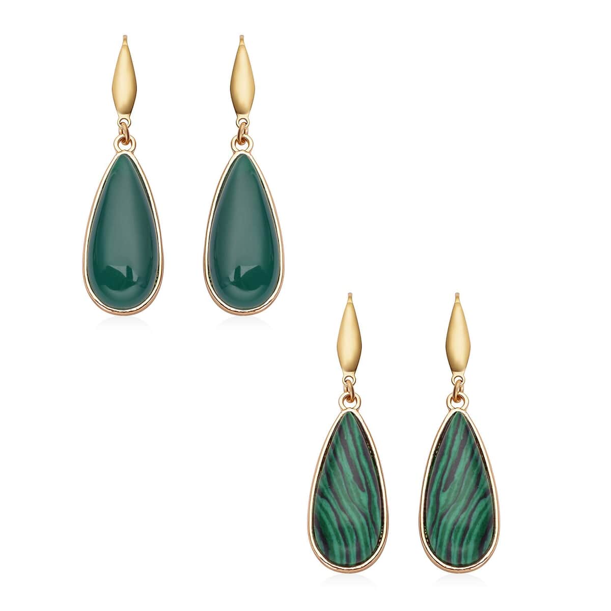 Lab Created Malachite and Enhanced Green Agate (D) Teardrop Shape Set of 2 Earrings in Goldtone 50.00 ctw image number 0