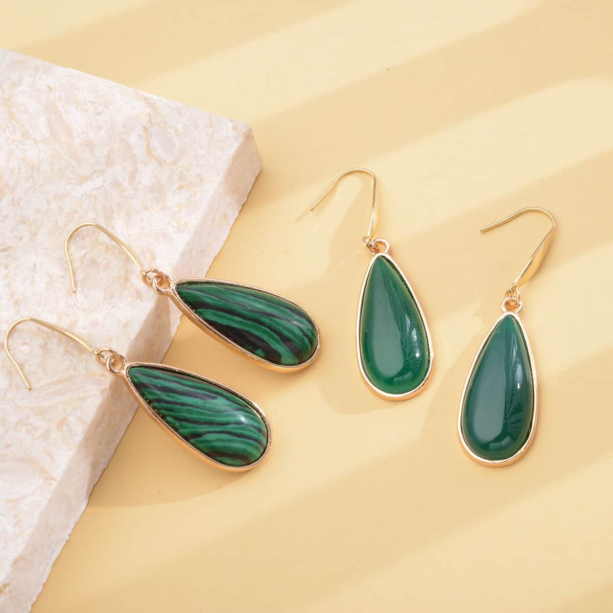 Lab Created Malachite and Enhanced Green Agate (D) Teardrop Shape Set of 2 Earrings in Goldtone 50.00 ctw image number 1