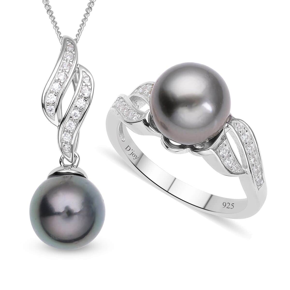 Tahitian Cultured Pearl 9-10mm, Natural White Zircon Ring (Size 6.0) and Pendant Necklace (18 Inches) in Rhodium Over Sterling Silver 0.35 ctw image number 0