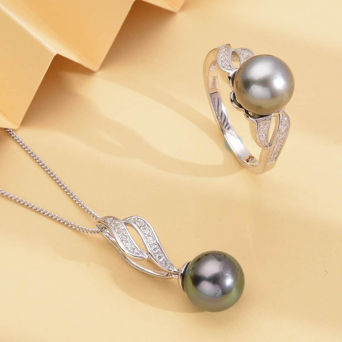Tahitian Cultured Pearl 9-10mm, Natural White Zircon Ring (Size 6.0) and Pendant Necklace (18 Inches) in Rhodium Over Sterling Silver 0.35 ctw image number 1