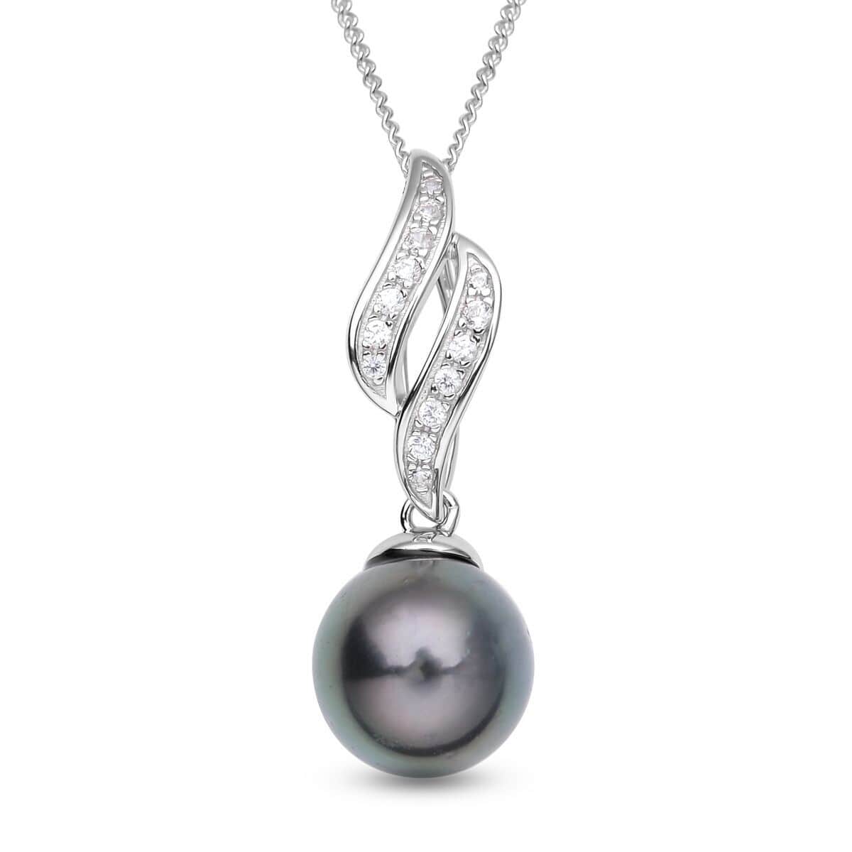 Tahitian Cultured Pearl 9-10mm, Natural White Zircon Ring (Size 6.0) and Pendant Necklace (18 Inches) in Rhodium Over Sterling Silver 0.35 ctw image number 5