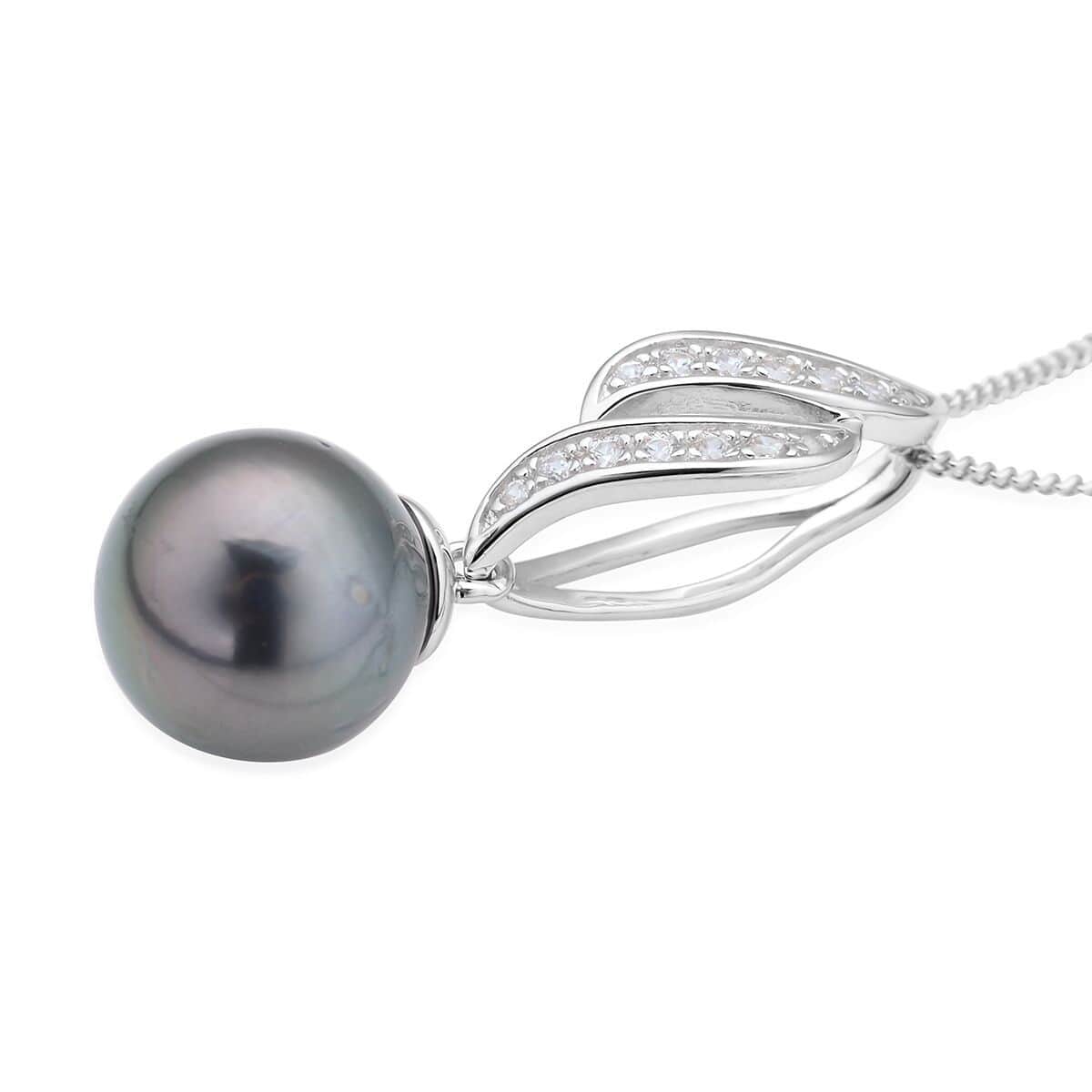Tahitian Cultured Pearl 9-10mm, Natural White Zircon Ring (Size 6.0) and Pendant Necklace (18 Inches) in Rhodium Over Sterling Silver 0.35 ctw image number 6