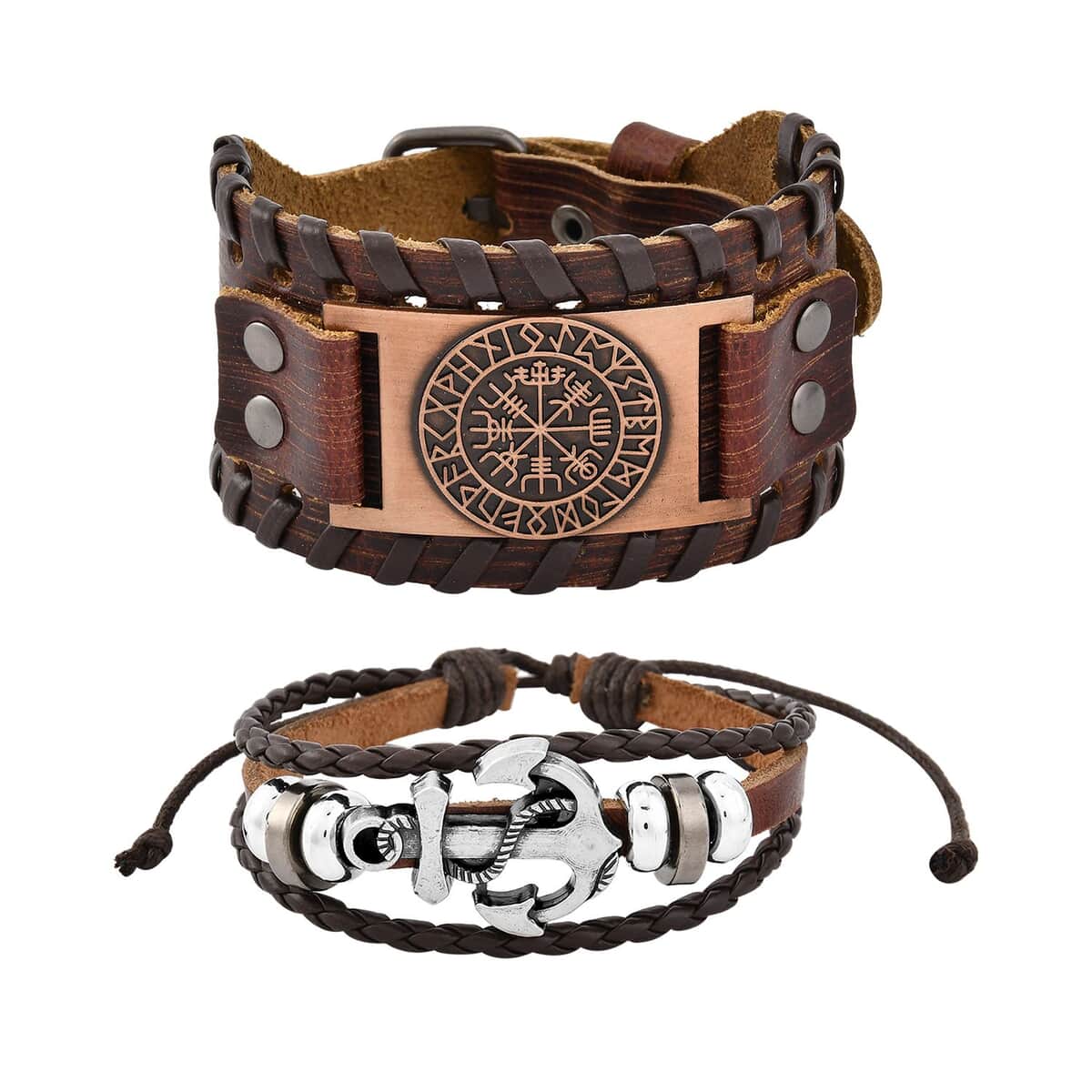 Set of 2 Brown Color Genuine Leather and Dualtone Adjustable Bracelet image number 0