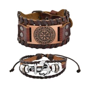 Set of 2 Brown Color Genuine Leather and Dualtone Adjustable Bracelet